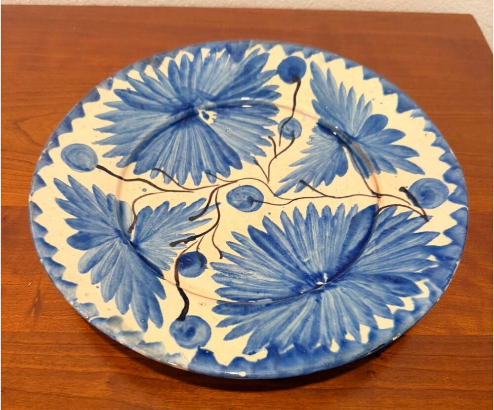 Hand Painted Blue White Floral Pottery Dinner Plate 11"